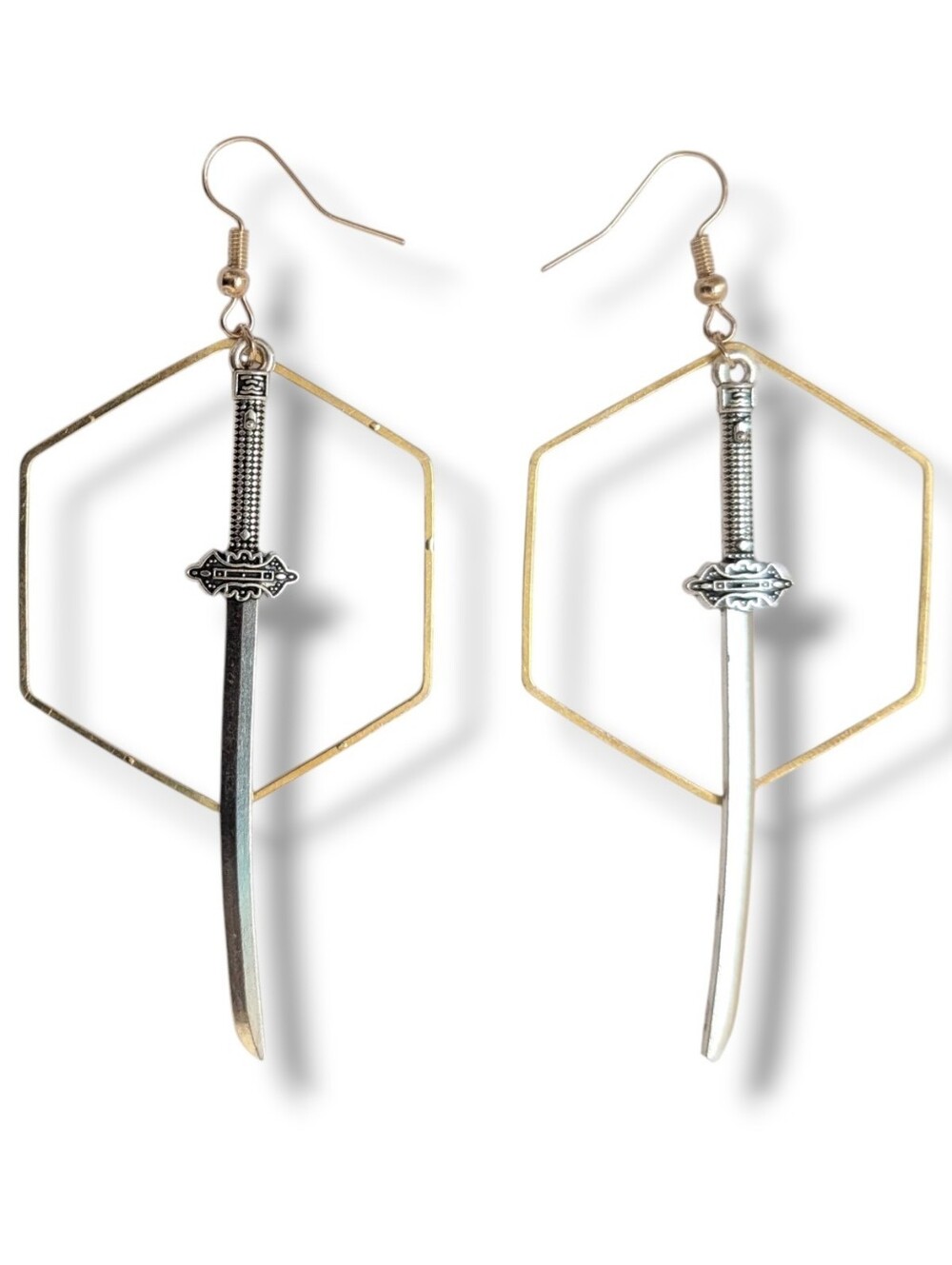 NWT Handmade Silver Katana Sword Gold Hexagon Layered Earrings